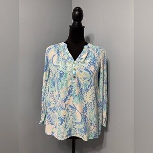 LILLY PULITZER Elsa 100% Silk Blouse With Mermaid Details‎ Women’s Size XS